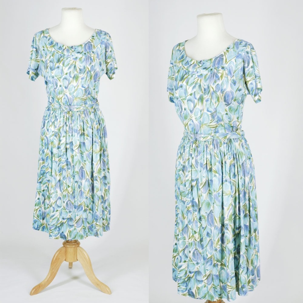 Vintage 1960s Teal Blue Floral Print Spring Dress